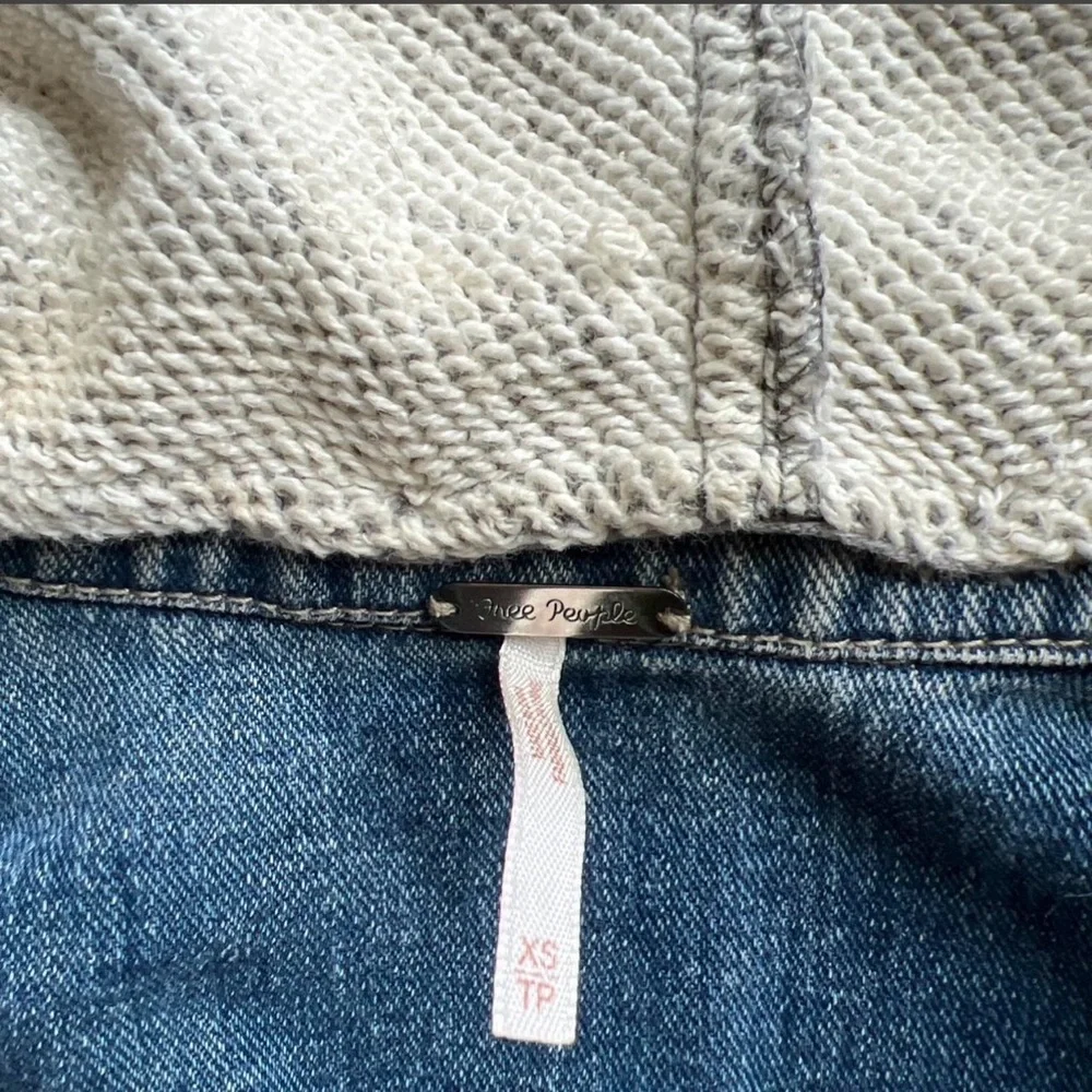 Free People Light Blue Denim Jacket with Gray Hoodie Sleeves - Picture 3 of 5